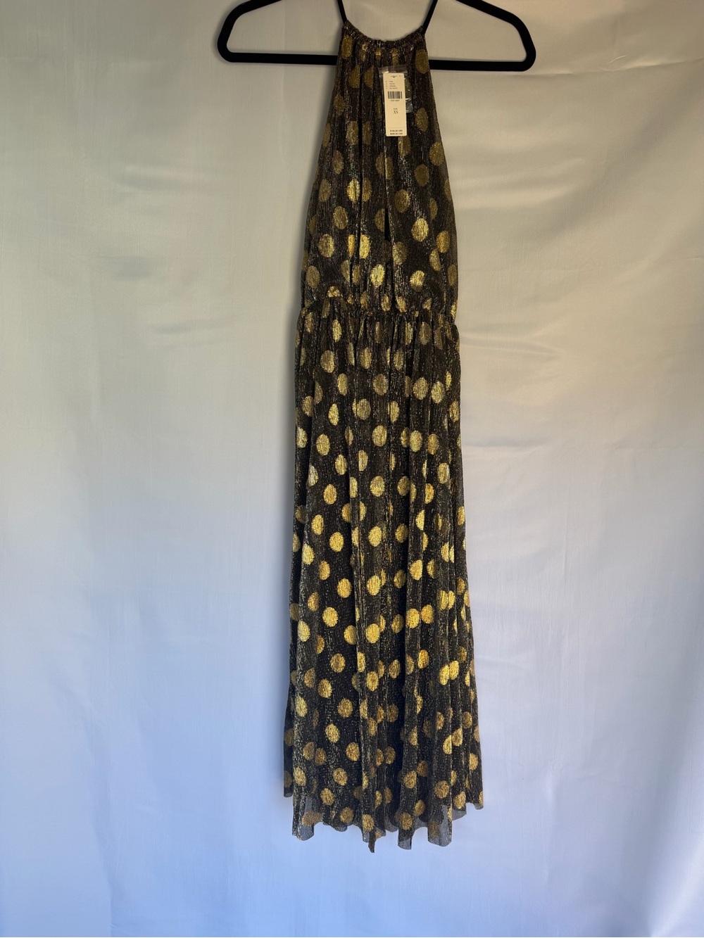 Anthropologie Ranna Gill Black Gold Metallic Polka Dot Maxi Dress NWT XS